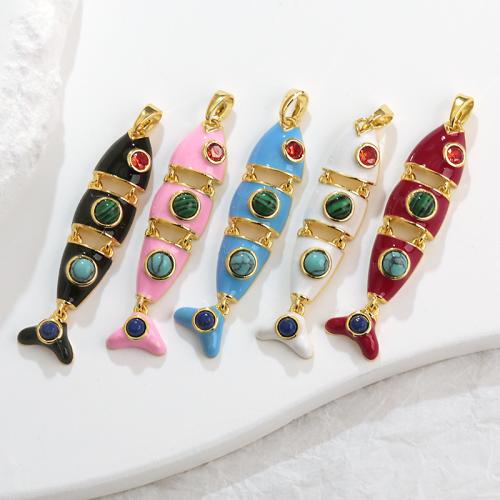 Gemstone Pendants Jewelry, Brass, with Gemstone, Fish, plated, DIY & micro pave cubic zirconia & enamel, more colors for choice, nickel, lead & cadmium free, Sold By PC