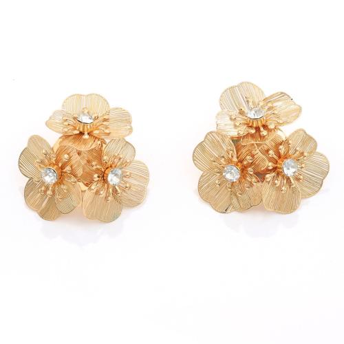 alliage de zinc boucle d oreille dormeuse, fleur, Placage de couleur d'or, pour femme & avec strass, 37x37mm, Vendu par paire