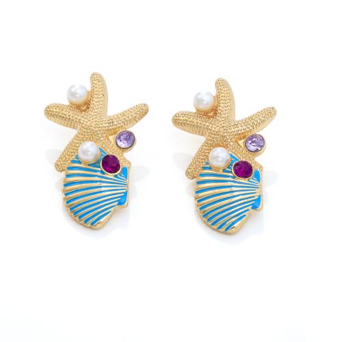 alliage de zinc boucle d oreille dormeuse, avec perle de plastique, étoile de mer, Placage de couleur d'or, bijoux de mode & pour femme & émail & avec strass, plus de couleurs à choisir, 30x44mm, Vendu par paire