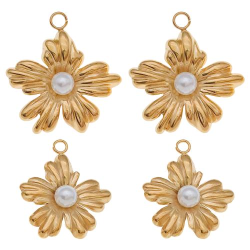 Stainless Steel Flower Pendant, 304 Stainless Steel, with Plastic Pearl, gold color plated, DIY & different size for choice, Sold By PC