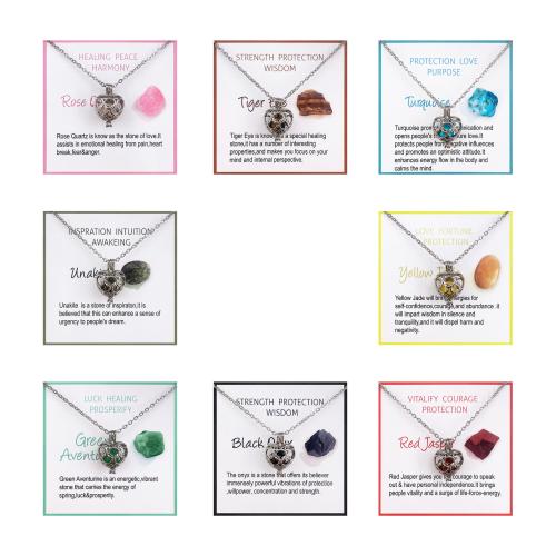 304 Stainless Steel Necklace, with Gemstone & Brass, Heart, platinum color plated, different materials for choice & Unisex & oval chain, Length:Approx 17.7 Inch, Sold By PC