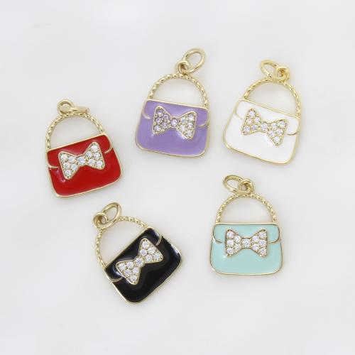 Cubic Zirconia Micro Pave Brass Pendant, Handbag, plated, DIY & micro pave cubic zirconia & enamel, more colors for choice, 16x12x1.90mm, Sold By PC