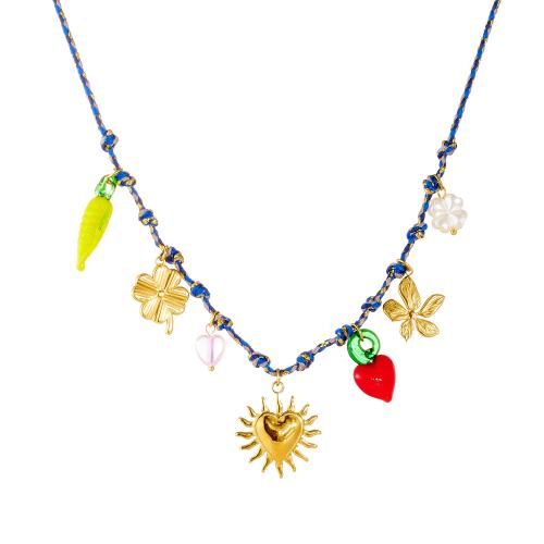 Stainless Steel Jewelry Necklace, 304 Stainless Steel, with Cotton Thread & Acrylic, gold color plated, different styles for choice & for woman & enamel, Sold By PC