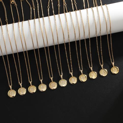 Brass Necklace, Flat Round, gold color plated, Unisex & different styles for choice & with letter pattern & micro pave cubic zirconia, Length:Approx 18 Inch, Sold By PC