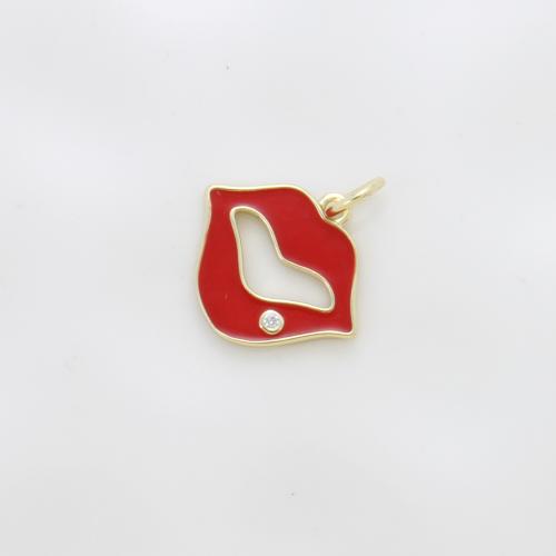 Cubic Zirconia Micro Pave Brass Pendant, Lip, plated, DIY & micro pave cubic zirconia & enamel, red, nickel, lead & cadmium free, 13.30x15x1.60mm, Sold By PC