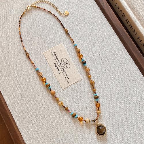 Natural Gemstone Necklace, Titanium Steel, with Tiger Eye & Lampwork, with 5cm extender chain, handmade, fashion jewelry & for woman, coffee color, Length:40 cm, Sold By PC