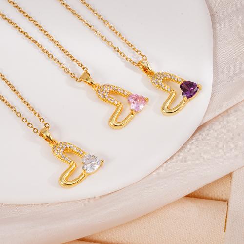 Cubic Zircon Micro Pave Brass Necklace, with 304 Stainless Steel Chain, gold color plated, micro pave cubic zirconia & for woman & hollow, more colors for choice, Sold By PC