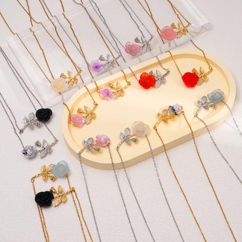 Cubic Zircon Micro Pave Brass Necklace, with 304 Stainless Steel Chain & Resin, plated, fashion jewelry & micro pave cubic zirconia & for woman, more colors for choice, Sold By PC