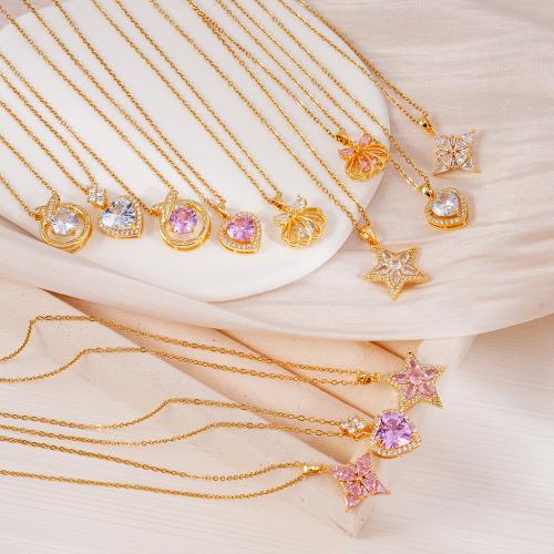 Cubic Zircon Micro Pave Brass Necklace, with 304 Stainless Steel Chain, gold color plated, different styles for choice & micro pave cubic zirconia & for woman, more colors for choice, Sold By PC