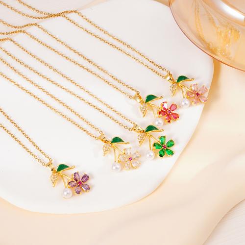 Cubic Zircon Micro Pave Brass Necklace, with 304 Stainless Steel Chain & Plastic Pearl, gold color plated, micro pave cubic zirconia & for woman & enamel, more colors for choice, Sold By PC