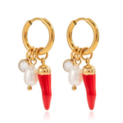 Stainless Steel Drop Earring, 304 Stainless Steel, with Plastic Pearl, plated, for woman & enamel & with rhinestone, golden, Sold By Pair