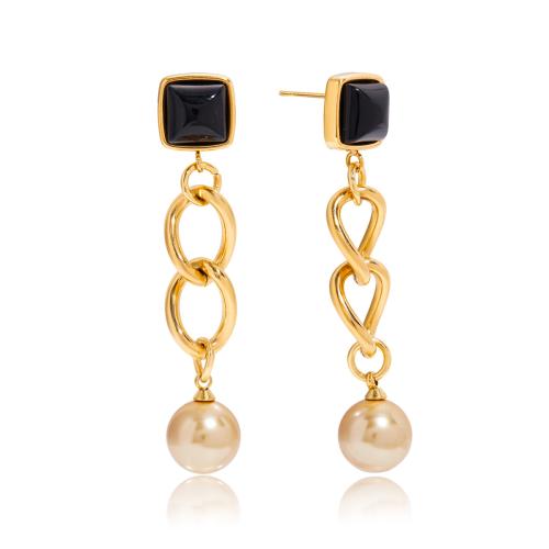 Stainless Steel Drop Earring, 304 Stainless Steel, with Glass Pearl & Resin, 18K gold plated, fashion jewelry & for woman & hollow, Sold By Pair