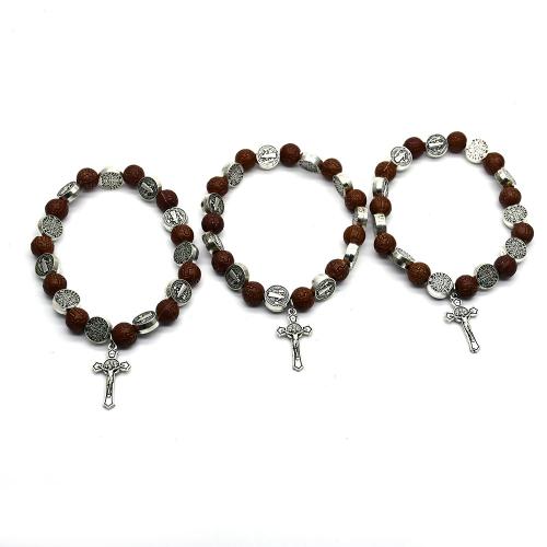 Tibetan Style Bracelet, with Plastic, Cross, silver color plated, fashion jewelry, mixed colors, 8mm, Length:18 cm, 3Strands/Set, Sold By Set