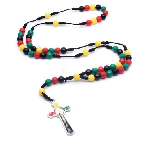 Rosary Necklace, Tibetan Style, with Wax Cord & Plastic, Cross, silver color plated, fashion jewelry, mixed colors, 8mm, Length:49 cm, Sold By PC