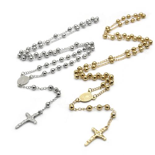Rosary Necklace, 304 Stainless Steel, Cross, plated, fashion jewelry, more colors for choice, 6mm, Length:49.5 cm, Sold By PC