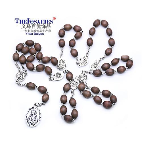 Rosary Necklace, Tibetan Style, with Wood, Cross, plated, fashion jewelry, mixed colors, 7x9mm, Length:56 cm, Sold By PC