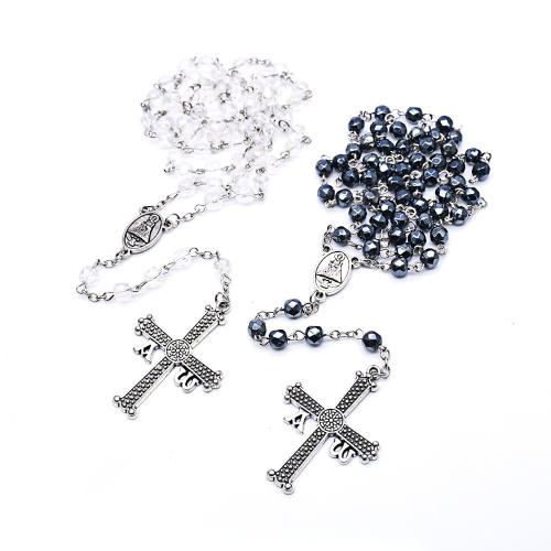 Rosary Necklace, Tibetan Style, with Crystal, Cross, fashion jewelry, more colors for choice, 6mm, Length:49.5 cm, Sold By PC
