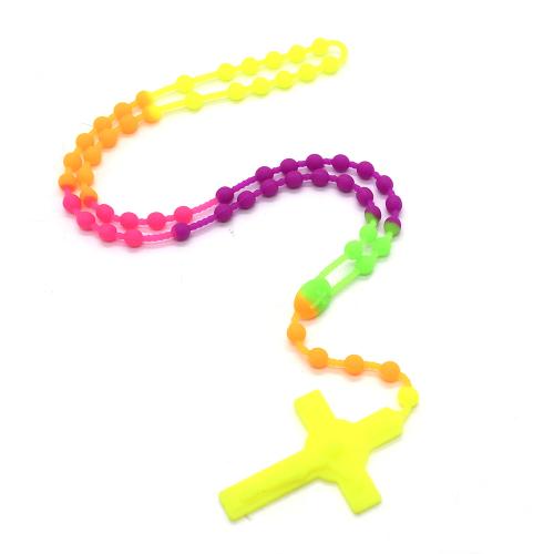 Rosary Necklace, Silicone, Cross, plated, fashion jewelry, Random Color, 7mm, Length:45 cm, Sold By PC