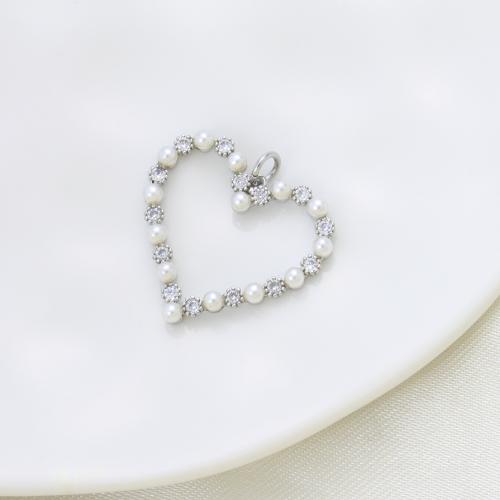 Cubic Zirconia Micro Pave Brass Pendant, with Plastic Pearl, Heart, plated, DIY & micro pave cubic zirconia & hollow, silver color, nickel, lead & cadmium free, 23.40x25x3.30mm, Sold By PC