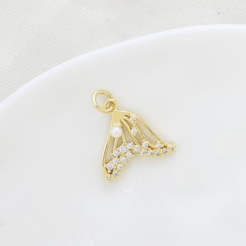 Cubic Zirconia Micro Pave Brass Pendant, with Plastic Pearl, Mermaid tail, plated, DIY & micro pave cubic zirconia, golden, nickel, lead & cadmium free, 15.50x16.30x3.70mm, Sold By PC
