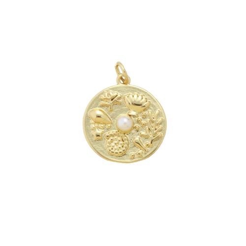 Brass Jewelry Pendants, with Plastic Pearl, Round, plated, DIY, golden, nickel, lead & cadmium free, 19.80x18.50x4.20mm, Sold By PC