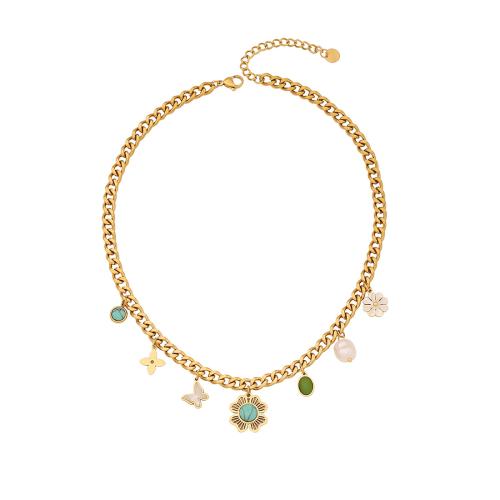 Stainless Steel Jewelry Necklace, 304 Stainless Steel, with Turquoise & White Shell & Plastic Pearl, plated, fashion jewelry & different styles for choice & for woman, golden, Sold By PC