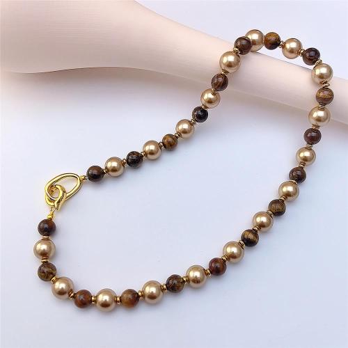Natural Tiger Eye Pendants, with Glass Beads & Brass & 304 Stainless Steel, plated, fashion jewelry, mixed colors, Length:44 cm, Sold By PC