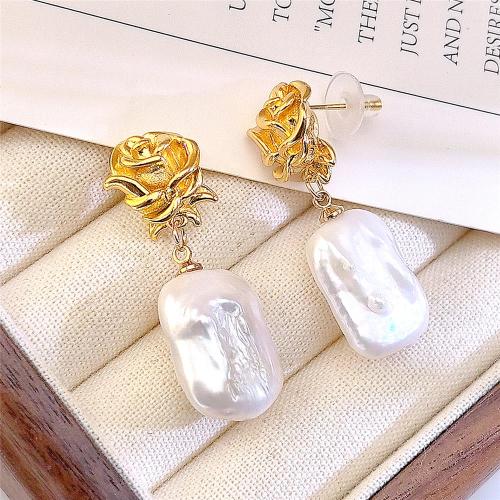Freshwater Pearl Earrings, Brass, with Freshwater Pearl, Rose, plated, fashion jewelry, mixed colors, 15x35mm, Sold By Pair