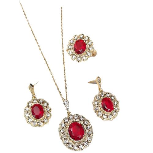 Cubic Zirconia Micro Pave Brass Jewelry Sets, Stud Earring & finger ring & necklace, plated, fashion jewelry & micro pave cubic zirconia & with rhinestone, more colors for choice, nickel, lead & cadmium free, Sold By Set