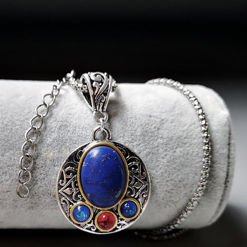Natural Gemstone Necklace, 304 Stainless Steel, with Lapis Lazuli & Opal, plated, fashion jewelry, mixed colors, 50x29mm, Length:57 cm, Sold By Set