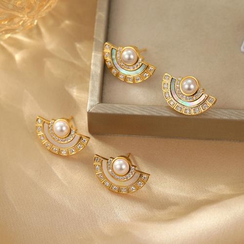 Cubic Zirconia Micro Pave Brass Earring, with White Shell & Abalone Shell, 18K gold plated, different materials for choice & micro pave cubic zirconia & for woman, more colors for choice, 22x15mm, Sold By Pair