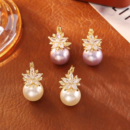 Cubic Zirconia Micro Pave Brass Earring, with Cats Eye & Plastic Pearl, 18K gold plated, fashion jewelry & micro pave cubic zirconia & for woman, more colors for choice, Sold By Pair