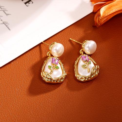 Brass Drop Earring, with Plastic Pearl, fashion jewelry & for woman & enamel, golden, Sold By Pair