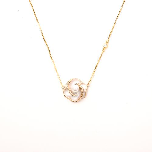 Brass Necklace, with Plastic Pearl, gold color plated, micro pave cubic zirconia & for woman & enamel, Sold By PC