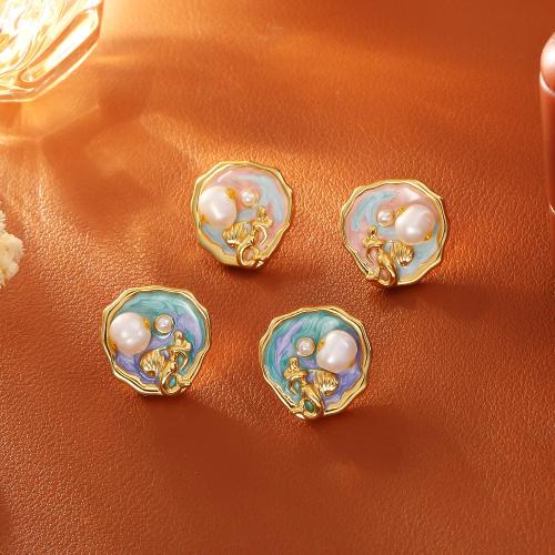 Freshwater Pearl Earrings, Brass, with Freshwater Pearl, gold color plated, fashion jewelry & for woman & enamel, more colors for choice, Sold By Pair