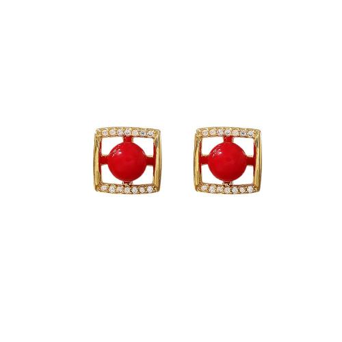Cubic Zirconia Micro Pave Brass Earring, Square, real gold plated, micro pave cubic zirconia & for woman & enamel & hollow, nickel, lead & cadmium free, Sold By Pair
