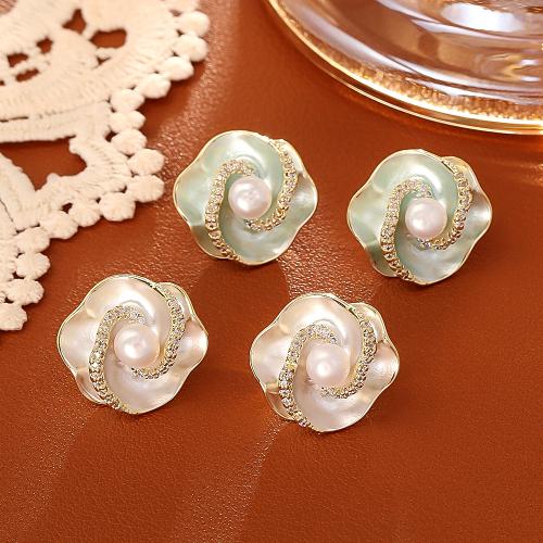 Freshwater Pearl Earrings, Brass, with Freshwater Pearl, Flower, painted, fashion jewelry & for woman & with rhinestone, more colors for choice, Sold By Pair