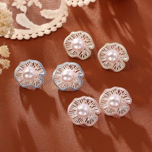 Латунь Стад Серьги, с Пластиковая жемчужина, Листьев лотоса, Другое покрытие, Женский & эмаль & отверстие, Много цветов для выбора, продается Пара