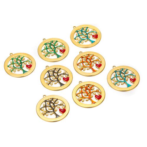 Ювелирные подвески из нержавеющей стали, Нержавеющая сталь 304, Древо жизни, плакирован золотом, DIY & эмаль & со стразами, Много цветов для выбора, 35mm, 5ПК/сумка, продается сумка