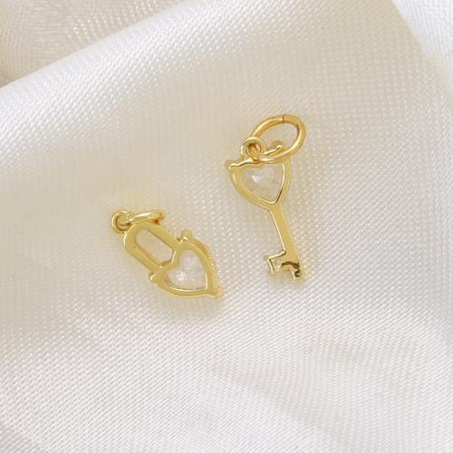 Cubic Zirconia Brass Pendants, Lock and Key, plated, DIY & micro pave cubic zirconia, golden, 12.30x5.20x2.80mm, Sold By PC