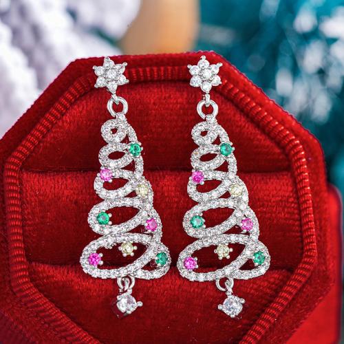 Christmas Earrings, Brass, Christmas Tree, plated, Christmas Design & micro pave cubic zirconia & for woman & hollow, Sold By Pair
