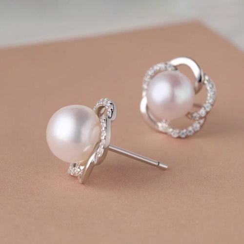 Цирконий Micro Pave латунь Серьги, Латунь, с Пластиковая жемчужина, Форма цветка, Другое покрытие, инкрустированное микро кубического циркония & Женский & отверстие, продается Пара