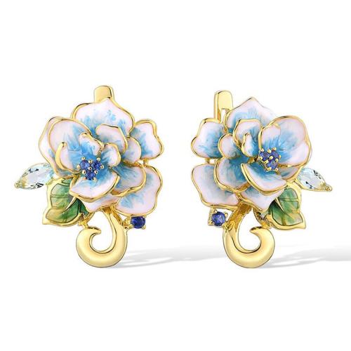 Цирконий Micro Pave латунь Серьги, Латунь, Форма цветка, Другое покрытие, 3D-эффект & инкрустированное микро кубического циркония & Женский & эмаль, продается Пара