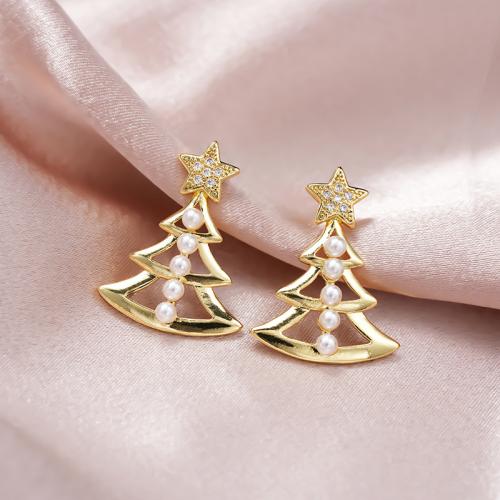 Boucles d'oreilles de Noël, laiton, avec perle de plastique, arbre de noël, Placage, Conception de Noël & pavé de micro zircon & pour femme & creux, Vendu par paire