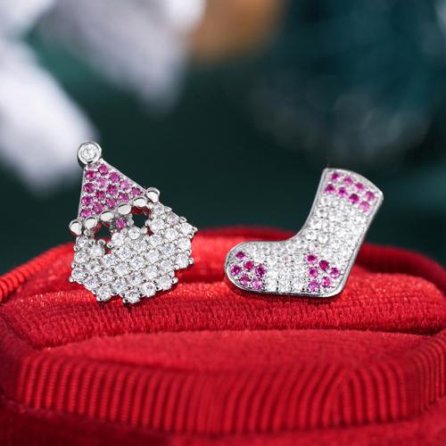 Boucles d'oreilles de Noël, laiton, Placage, Conception de Noël & pavé de micro zircon & pour femme & deux tons, Vendu par paire