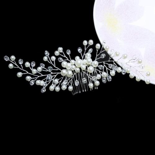 Decorative Hair Combs, Tibetan Style, with Crystal & Plastic Pearl & Iron, handmade, fashion jewelry & for woman, white, 230x65mm, Sold By PC