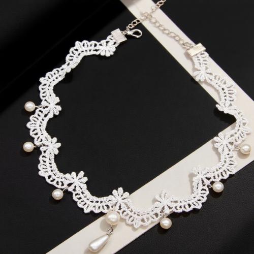 Embroidery Choker, Lace, with Plastic Pearl & Tibetan Style, handmade, fashion jewelry & for woman, white, Length:Approx 45 cm, Sold By PC