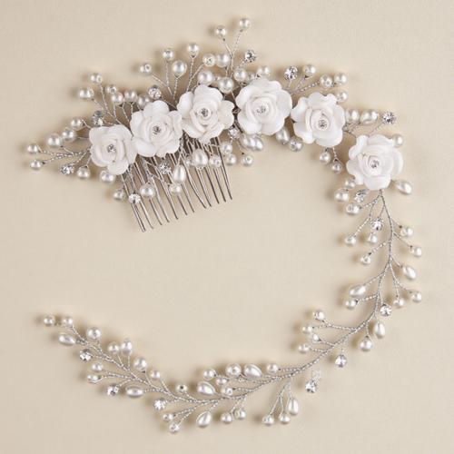 Decorative Hair Combs, Tibetan Style, with brass wire & Polymer Clay & Glass & Plastic Pearl, handmade, fashion jewelry & for woman, silver color, 345x65mm, Sold By PC