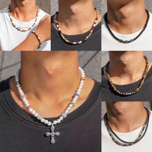 Fashion Necklace Jewelry, 304 Stainless Steel, with Glass Beads & Wood & Plastic Pearl, gold color plated, fashion jewelry & with rhinestone, more colors for choice, Sold By PC