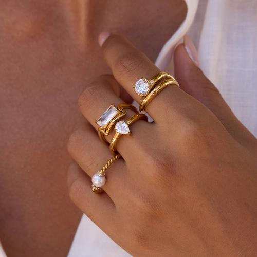 Cubic Zirconia Stainless Steel Finger Ring, 304 Stainless Steel, with Plastic Pearl, gold color plated, fashion jewelry & micro pave cubic zirconia, more colors for choice, Sold By PC